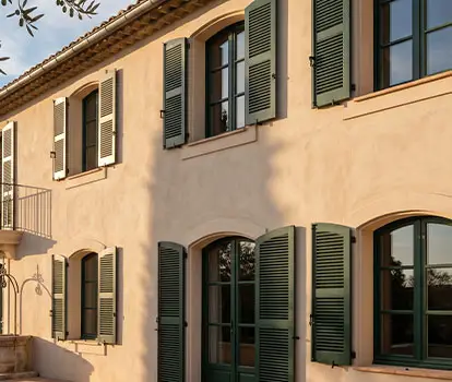 Façade provençale ravalée et repeinte par BL Peinture Rénov, enduit beige et volets verts dans le Var