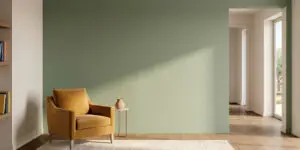 Intérieur contemporain avec mur sauge et mur grège, illustration des tendances peinture intérieure 2026 par BL Peinture Rénov