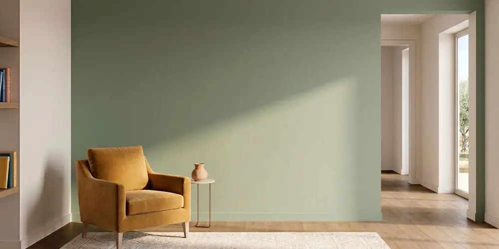 Intérieur contemporain avec mur sauge et mur grège, illustration des tendances peinture intérieure 2026 par BL Peinture Rénov