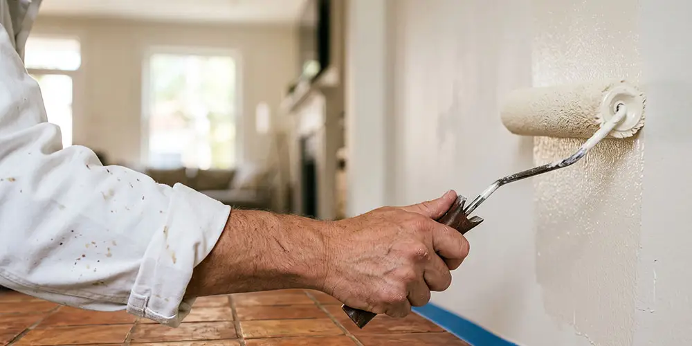 Peintre professionnel appliquant au rouleau une peinture blanche sur un mur intérieur lors de travaux de peinture dans le Var