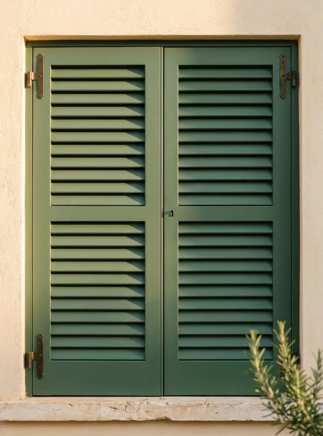 Volets en bois persiennés repeints en vert sauge sur une façade méditerranéenne à Saint-Raphaël