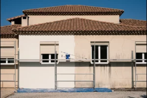 Façade de villa varoise en enduit sous échafaudage, à moitié repeinte, guide prix ravalement façade de BL Peinture Rénov
