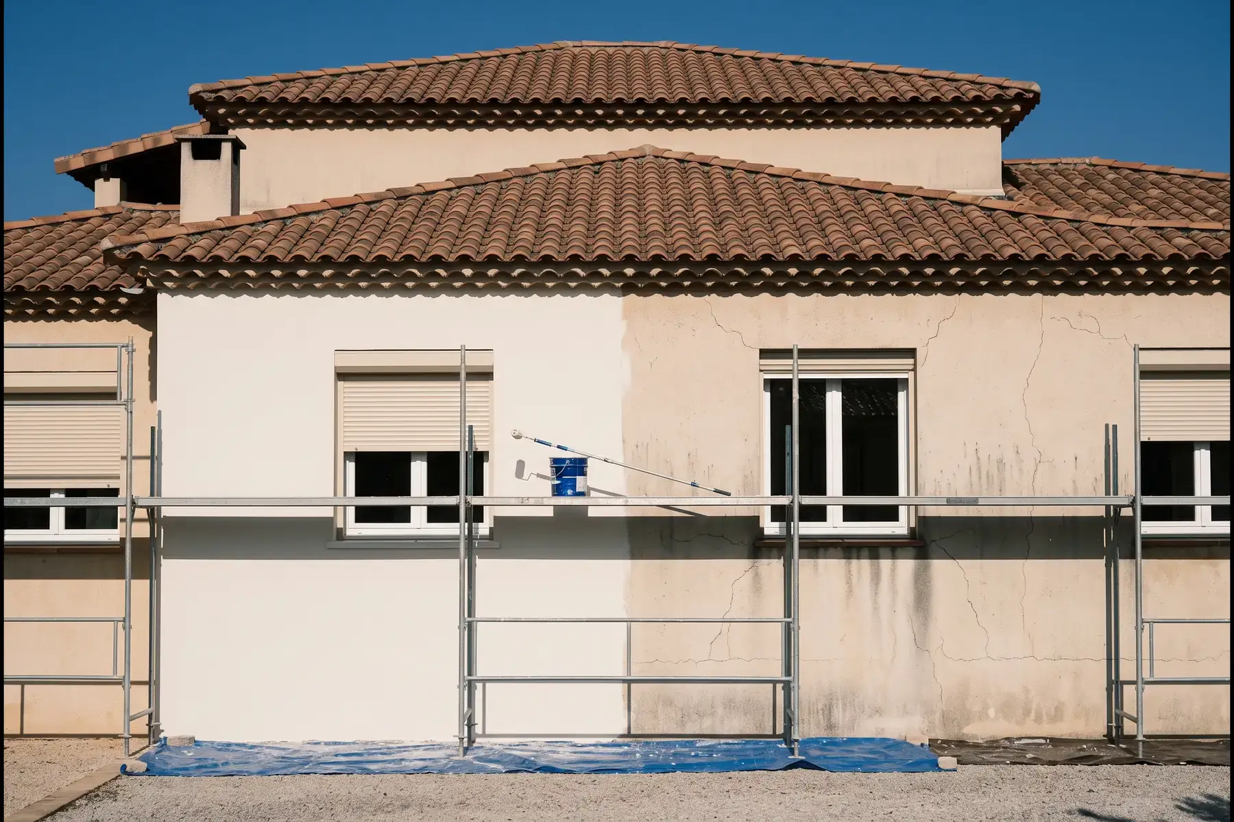 Façade de villa varoise en enduit sous échafaudage, à moitié repeinte, guide prix ravalement façade de BL Peinture Rénov